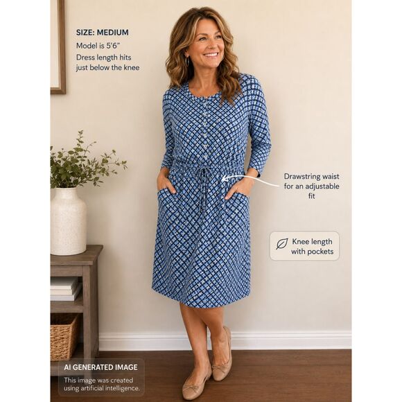 Lands' End Dresses & Skirts - Lands' End Geo Clover Print Knee Length Dress M 10-12 Drawstring Waist Pockets